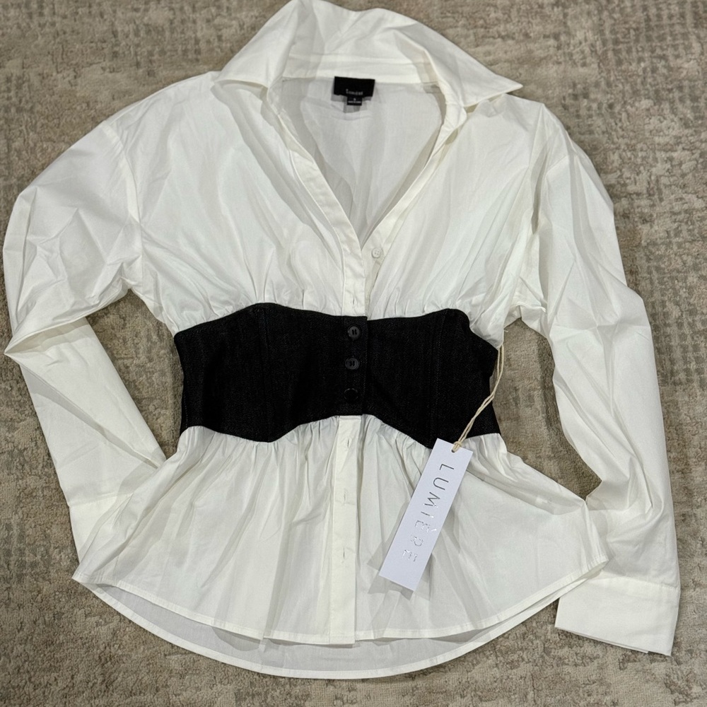 Lumiere Ivory Button-Down Shirt with Black Waist Accent